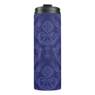 Luxuriöse blaue florale Damasttapete Thermosbecher