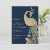 Luxuriöse blaue goldene königliche Pfaue elegante Einladung (Stehend Vorderseite)
