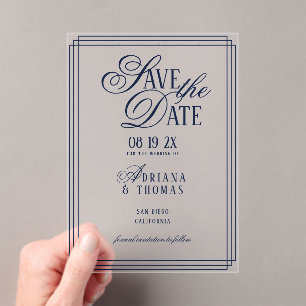 Luxuriöse blaue Hochzeit Save The Date Acryleinladungen