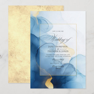 Luxuriöse blaue und goldene fließende Tinte Hochze Einladung