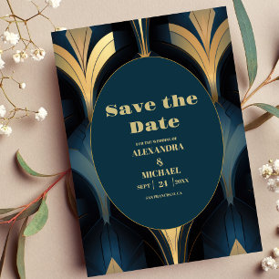 Luxuriöse Blue and Gold Art Deco Hochzeit Save The Date