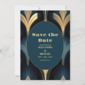 Luxuriöse Blue and Gold Art Deco Hochzeit Save The Date (Vorderseite)