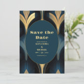 Luxuriöse Blue and Gold Art Deco Hochzeit Save The Date (Stehend Vorderseite)