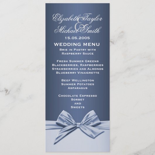 Luxuriöse Blue Elegante Ribbon Wedding Menu Menükarte (Vorderseite)