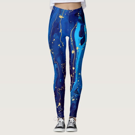 Luxuriöse Blue Gold Marmor Texture Leggings (Vorderseite)