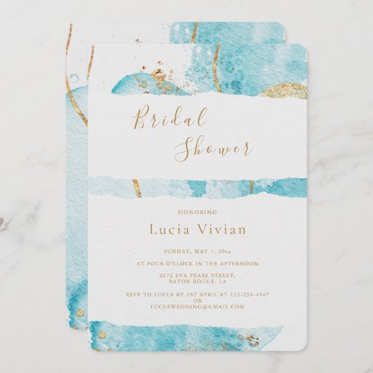 Luxuriöse Blue Gold Watercolor Abstraktes Brautpar Einladung (Vorne/Hinten)