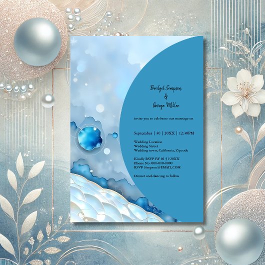 Luxuriöse Blue Watercolor Abstrakt Pearlescent Einladung