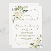 Luxuriöse Blume aus Weißcreme Gold Baby Dusche Einladung (Vorne/Hinten)