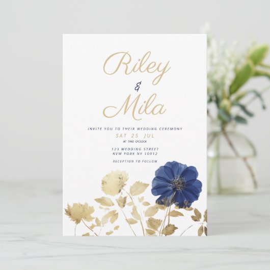 Luxuriöse Blume mit blauem goldgelbem Blattwerk Ho Einladung (Stehend Vorderseite)