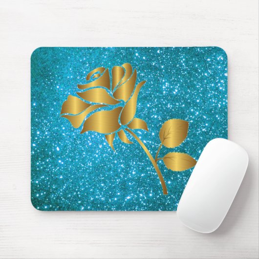 Luxuriöse Blumenblauer Gold Glitzer Geschenk Mousepad (Mit Mouse)