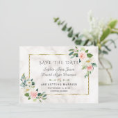 Luxuriöse Blush Blume Goldrahmen Marmorhochzeit Save The Date (Stehend Vorderseite)