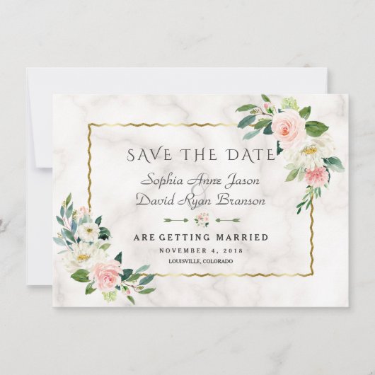 Luxuriöse Blush Blume Goldrahmen Marmorhochzeit Save The Date (Vorderseite)