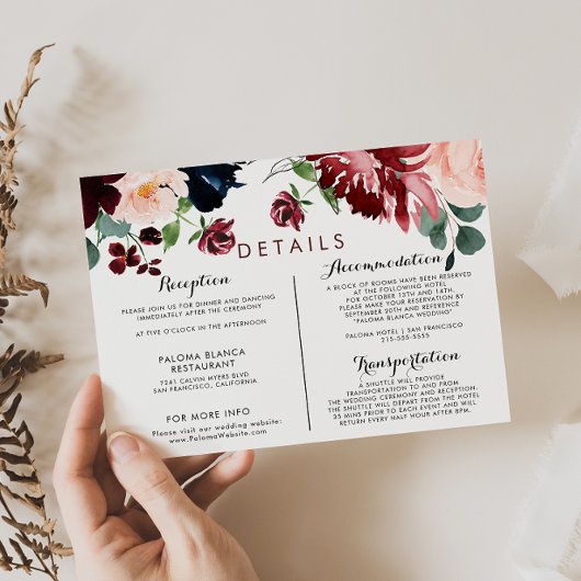 Luxuriöse Boho farbenfrohe Blumenzettel Details zu Begleitkarte