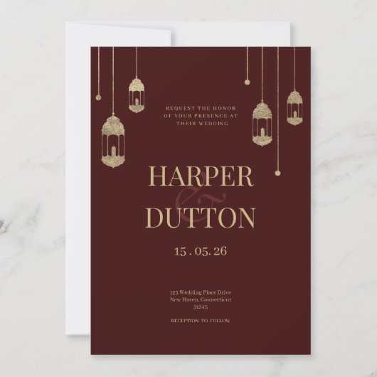 Luxuriöse Bordeaux-Laternenleuchten Hochzeit Einladung (Vorderseite)