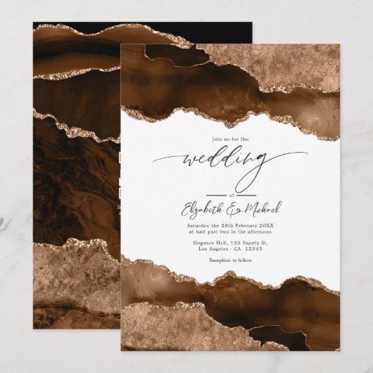 Luxuriöse Brown & Gold Agate Wedding QR Code UAwg Einladung (Vorne/Hinten)