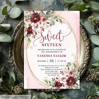 Luxuriöse Burgunder-Rosa-Blumen-Sweet-Sixteen-Kart Einladung