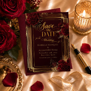 Luxuriöse Burgunder-Roségold-Flamenco Save The Date