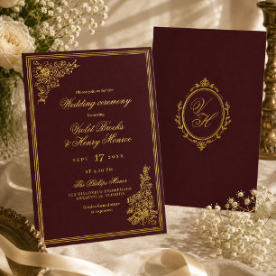 Luxuriöse burgunderrote Vintage-Blumen-Hochzeit im Folieneinladung
