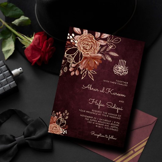 Luxuriöse Burgundy Floral Gold Islamische Hochzeit Einladung
