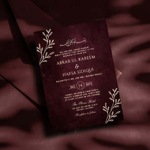 Luxuriöse Burgundy Floral Gold Islamische Hochzeit Einladung