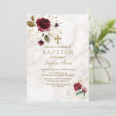 Luxuriöse Burgundy Gold Blumenkreuz Taufe Einladung (Stehend Vorderseite)