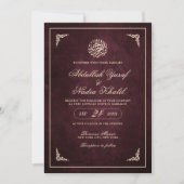 Luxuriöse Burgundy Gold Frame Islamic Wedding Einladung (Vorderseite)