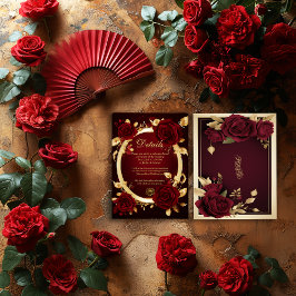 Luxuriöse Burgundy Rote Rose Flamenco Wedding Begleitkarte