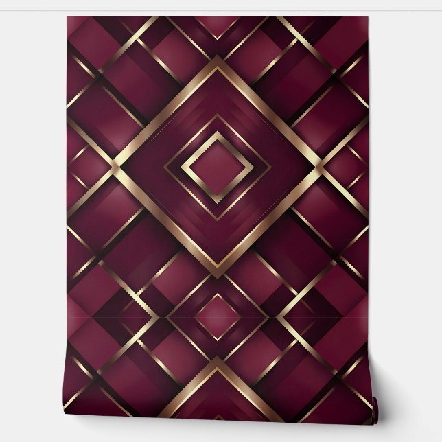 Luxuriöse Burgundy- und Gold Geometric-Muster Tapete (Abrollen)