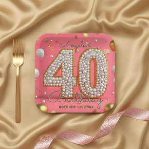 Luxuriöse Chic Pink Gold und Perlen 40. Geburtstag Pappteller