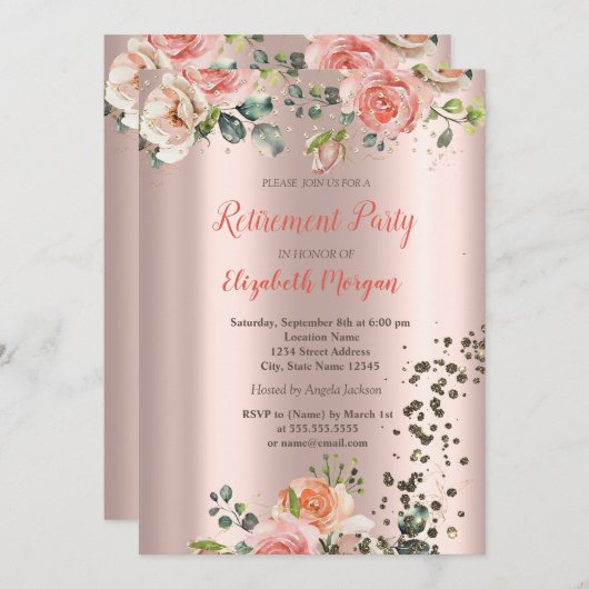 Luxuriöse Chic Rose Diamonds Confetti Pension Einladung (Vorne/Hinten)