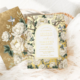 Luxuriöse Chinoiserie Elfenblumen Vögel Hochzeit Folieneinladung