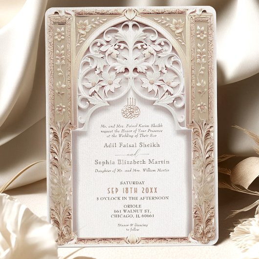 Luxuriöse Cream & Gold Islamische Hochzeit Arabesq Einladung