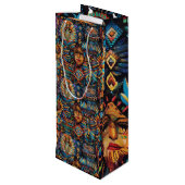Luxuriöse Cyan "Pre-Columbian Tapestry" Weinkultur Geschenktüte Für Weinflaschen (Rückseite Schrägansicht)