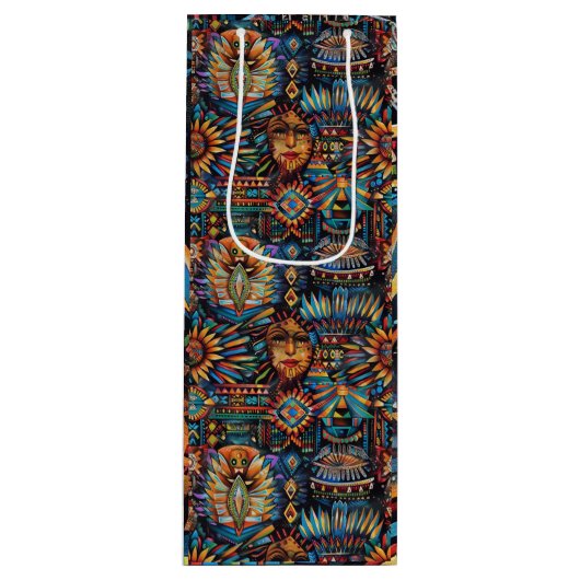 Luxuriöse Cyan "Pre-Columbian Tapestry" Weinkultur Geschenktüte Für Weinflaschen (Vorderseite)