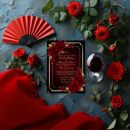 Luxuriöse Dark Burgundy Moody Rose Wedding Einladung