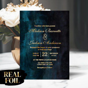 Luxuriöse Dark Moody Watercolor Wedding Real Gold Folieneinladung