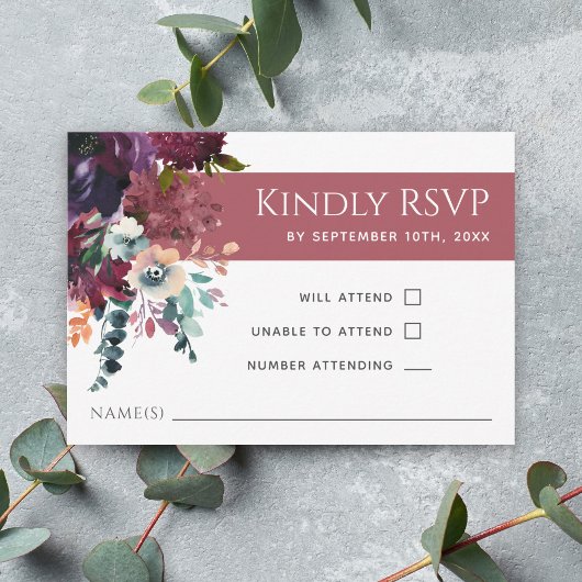 Luxuriöse Deep Rose Elegant Floral Wedding RSVP Karte