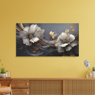 Luxuriöse Dunkelgrau Gold Floral Elegant Moderne Leinwanddruck