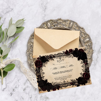 Luxuriöse dunkle romantische schwarze Spitze vikto RSVP Karte