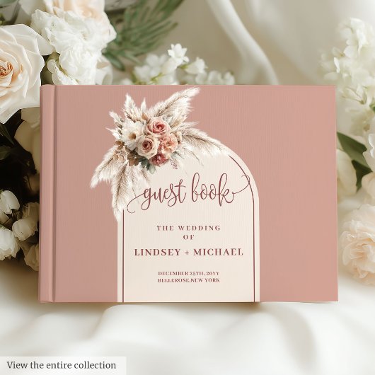 Luxuriöse Dusty Pink Pampas Arch Floral Wedding Gästebuch