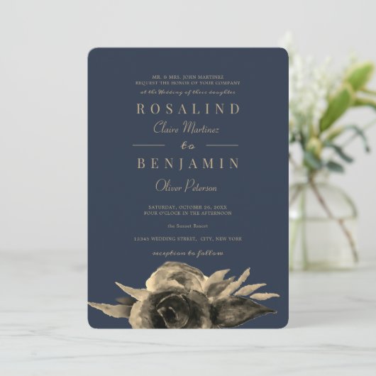 Luxuriöse einzigartige Navy Blue Golden Floral Hoc Einladung (Stehend Vorderseite)