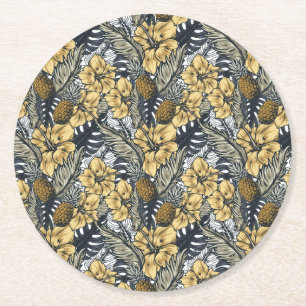 Luxuriöse Elegange Gold N'Black Tropical Blume Runder Pappuntersetzer
