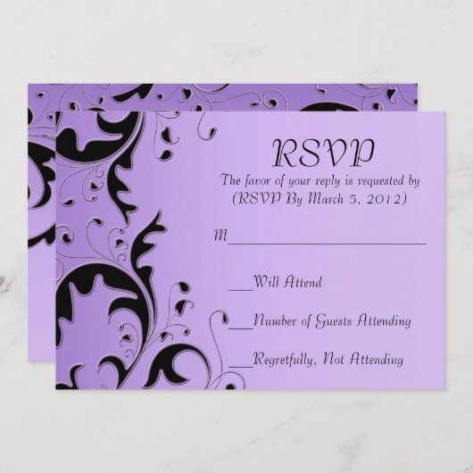 Luxuriöse Elegant Black/Lila Floral RSVP Karte (Vorne/Hinten)