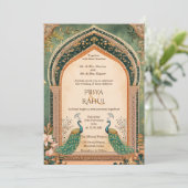Luxuriöse Elegant Vintag Gold Peacock Indian Weddi Einladung (Stehend Vorderseite)