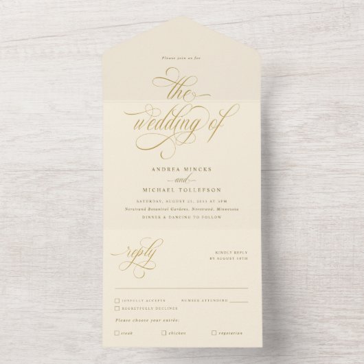 Luxuriöse Elegante Calligrafy Cream and Gold Weddi All In One Einladung (Innen Boden)