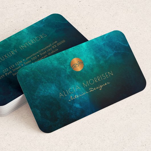 Luxuriöse elegante dunkelgrüne Aquarell mit Monogr Visitenkarte
