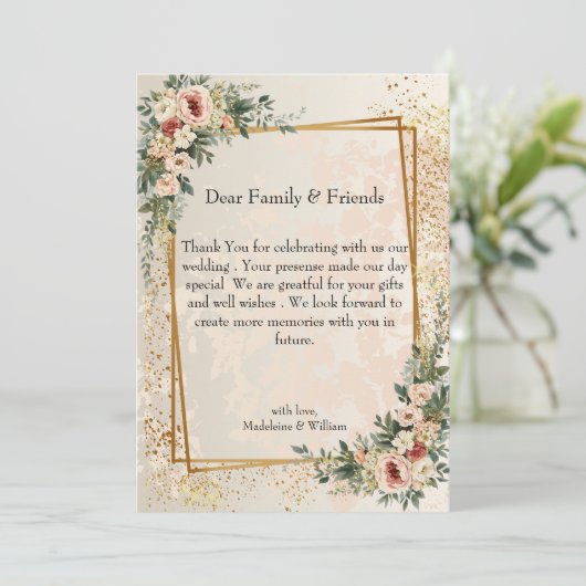 Luxuriöse Elegante Garden Blume Hochzeit Dankeskarte (Stehend Vorderseite)