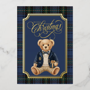 Luxuriöse elegante karierte Weihnachts-Teddybär-Fo Folien Feiertagskarte
