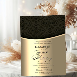 Luxuriöse elegante schwarze Damast-Gold-Hochzeit Einladung
