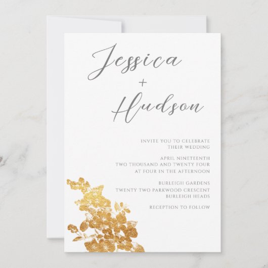 Luxuriöse Eleganz: Schöne White & Gold Hochzeit Einladung (Vorderseite)